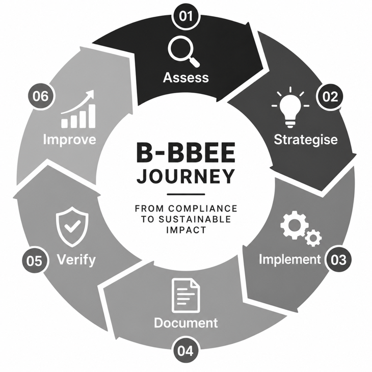 B-BBEE Journey cycle: Assess, Strategise, Implement, Document, Verify and Improve